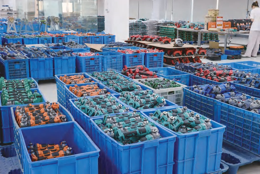 Cordless tool components prepared for assembly