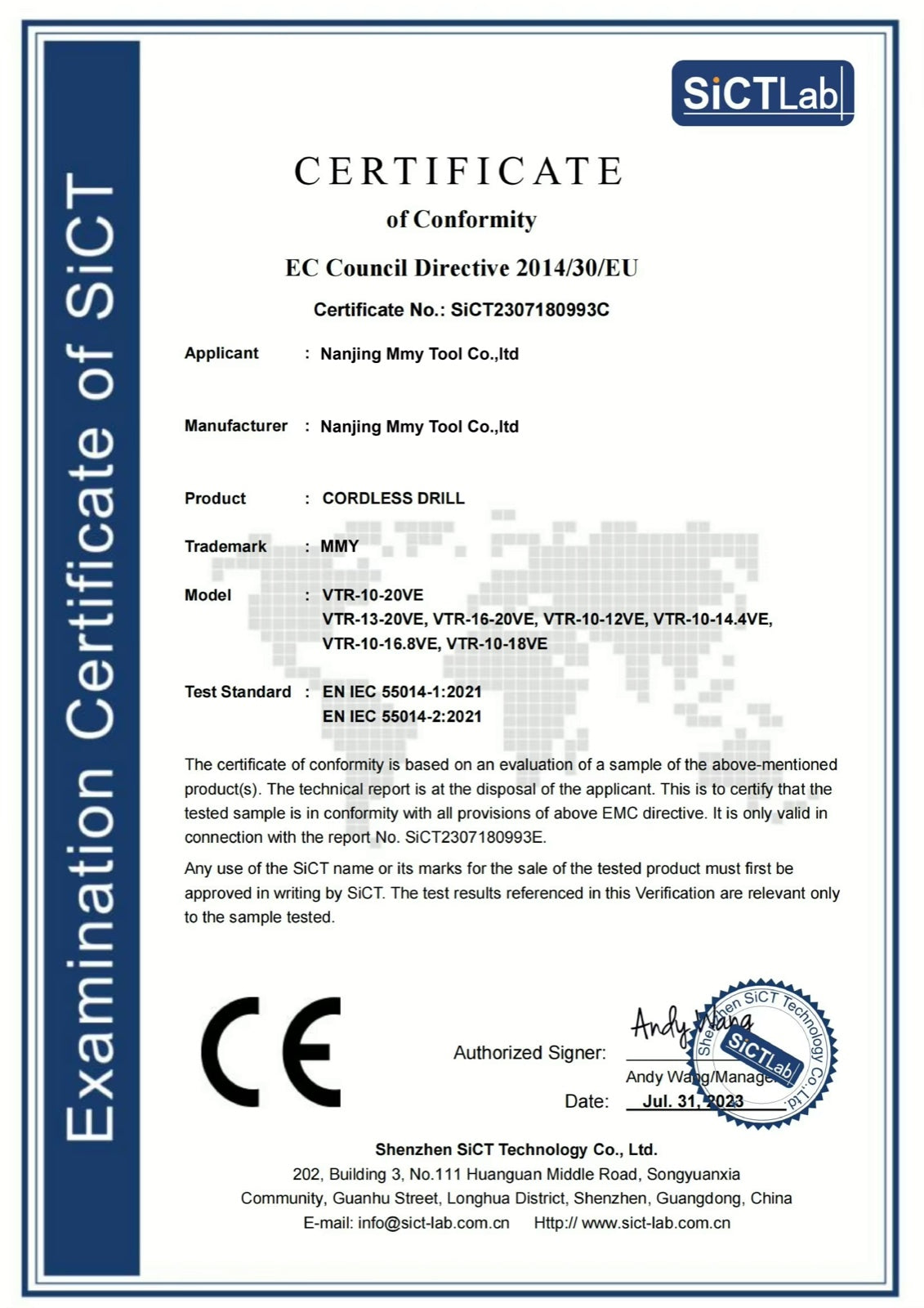 CE certificate of conformity for MMY cordless drill