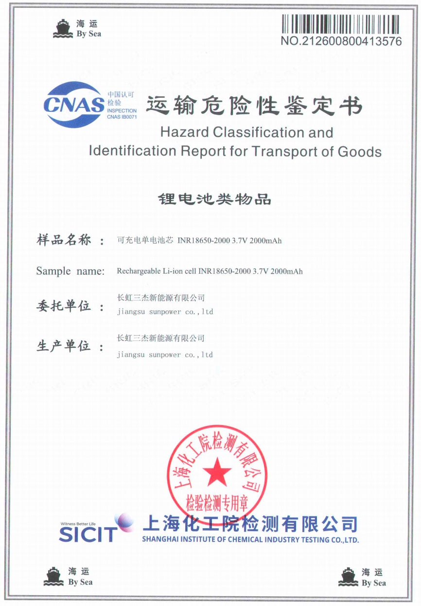 Hazard classification and transport report for lithium-ion battery cells